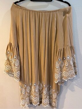 Sweet Magnolia Beige Off-Shoulder Tunic with White Eyelet Embroidery